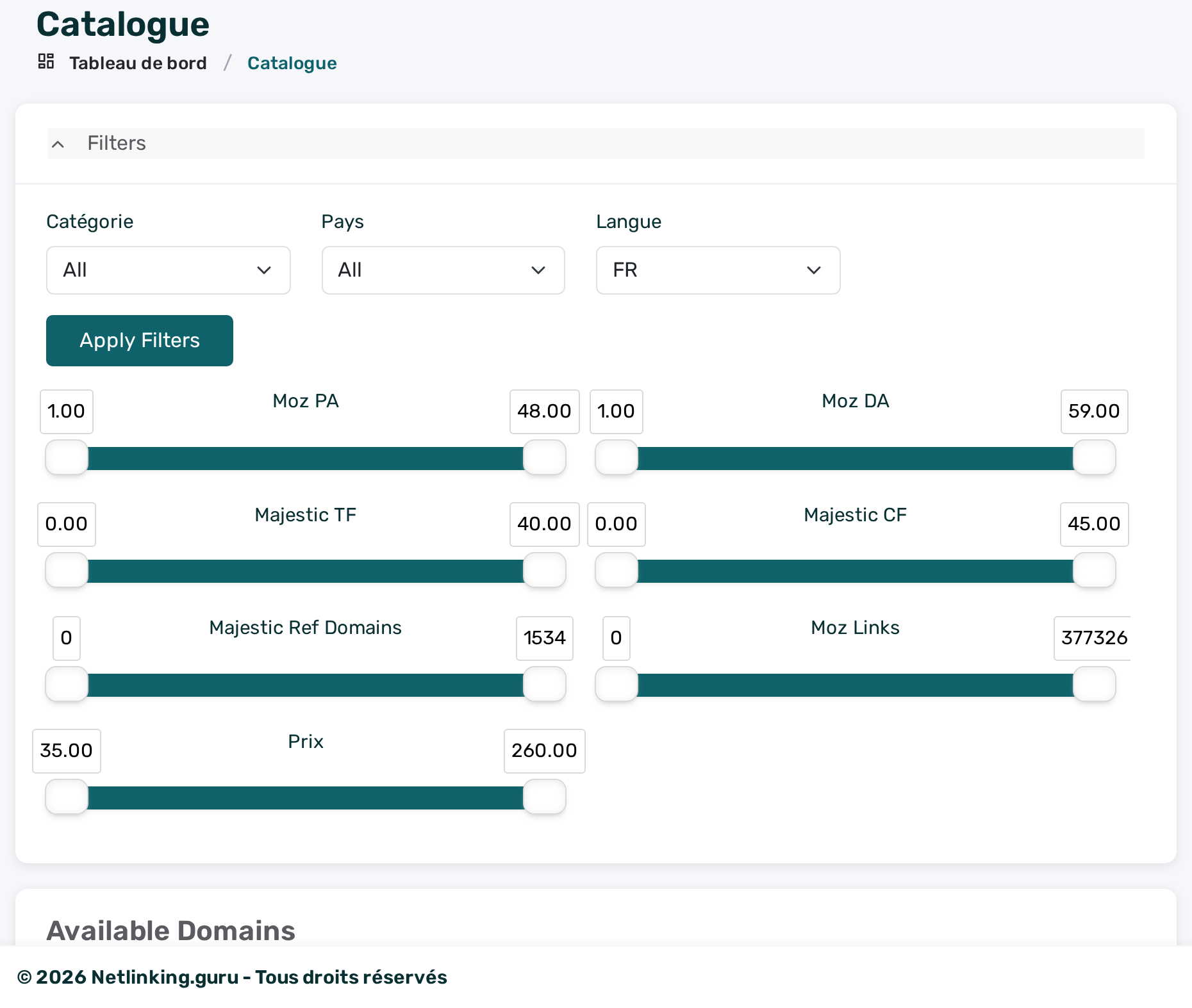Catalogue Netlinking.guru — filtres SEO avancés (DA, TF, prix)